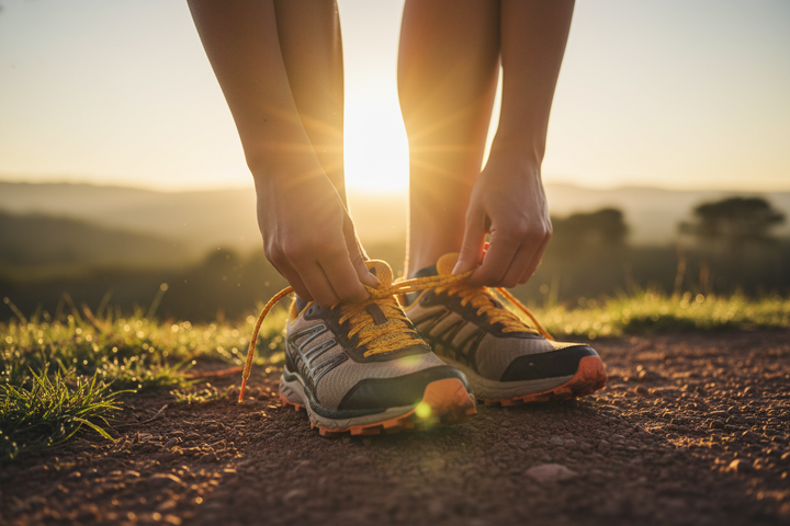 Atleta che allaccia le scarpe, alba dorata, energia e motivazione.