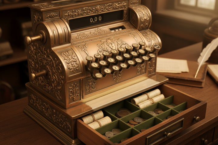 immagine di una vecchia cassa registratrice bella ma vecchio stile con cassetto dei soldi aperto