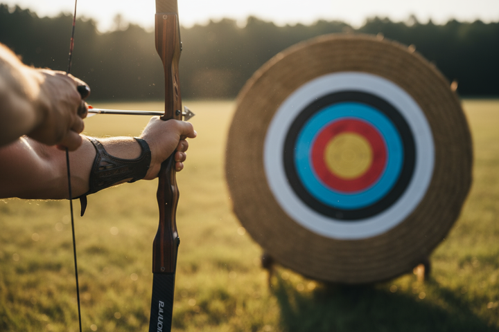 persona in primissimo piano sulla sinistra che sta mirando con un arco e freccia, si deve vedere solo quello che vedrebbe l'occhio in primo piano mano-braccio che tira sull'arco, arco e freccia che sta mirando ad un bersaglio rotondo di paglia colorato . Immagine deve rappresentare energia, concentrazione e obiettivo
