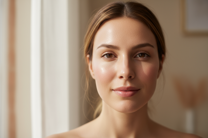 Primo piano di una donna con pelle luminosa, naturale, luce vicino alla finestra.