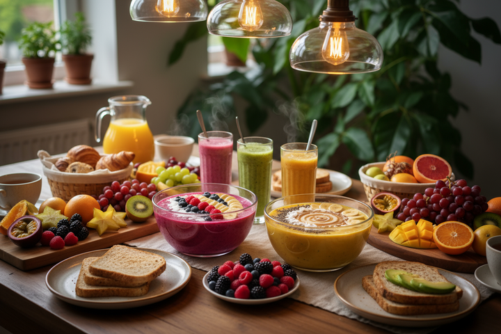 Tavolo colazione sana con smoothie e frutta, luce calda dall’alto.